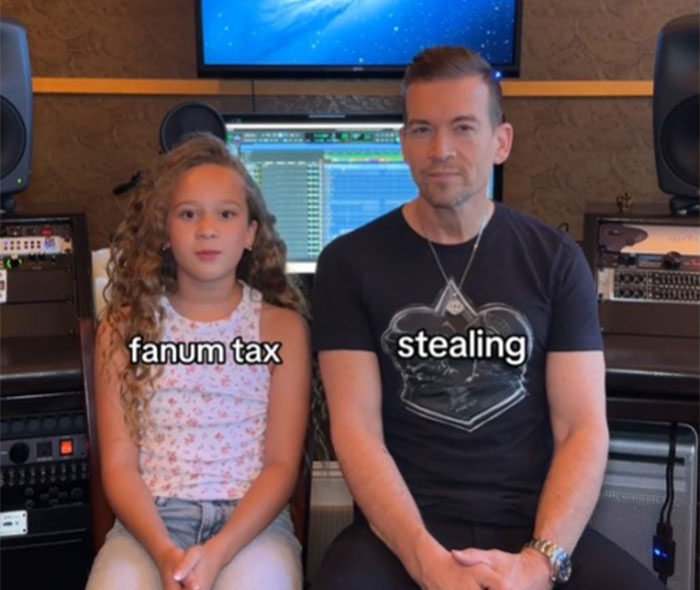 Dad and daughter discussing Gen Alpha slang in a recording studio.
