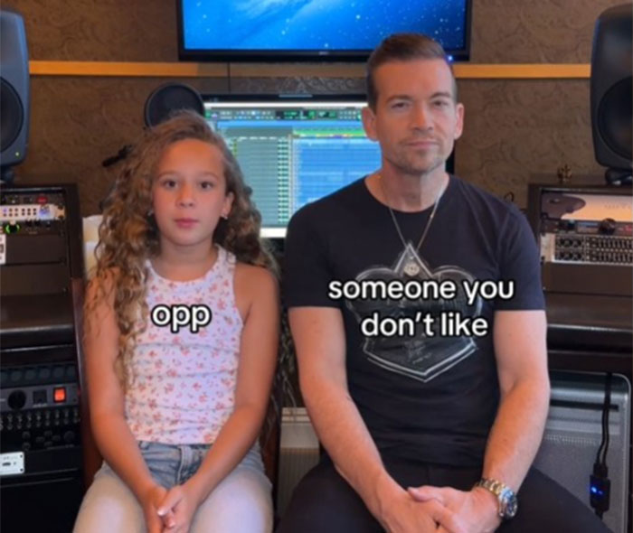 Dad and daughter sitting in a studio, with text explaining Gen Alpha slang.