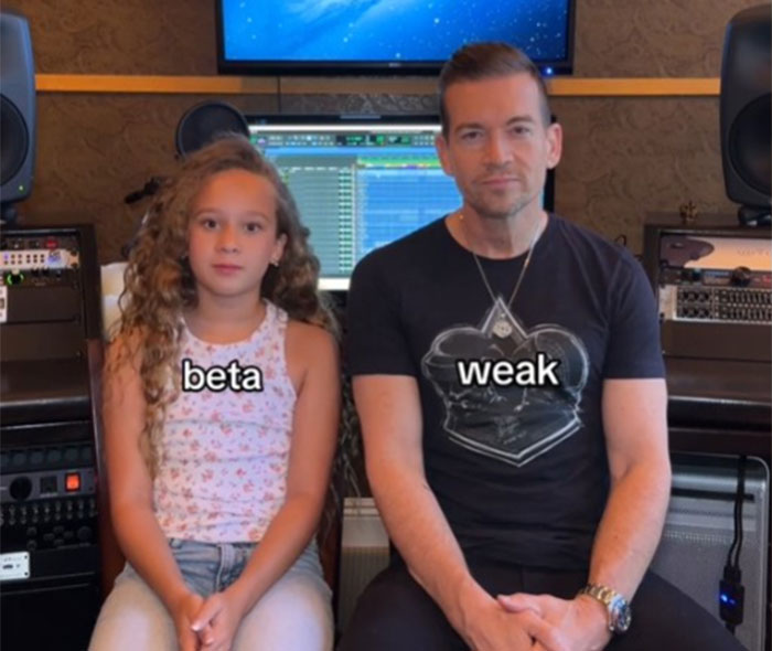Father learning Gen Alpha slang from daughter in a recording studio setting.