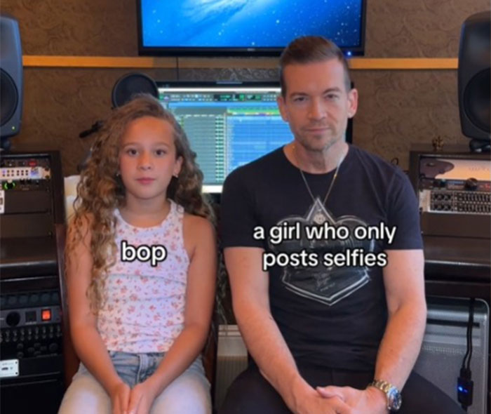 Dad learning Gen Alpha slang from daughter in recording studio, text reads "bop" and "a girl who only posts selfies.