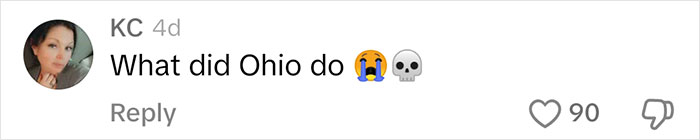 Comment questioning Ohio's actions with crying and skull emojis, showcasing viral slang interaction.