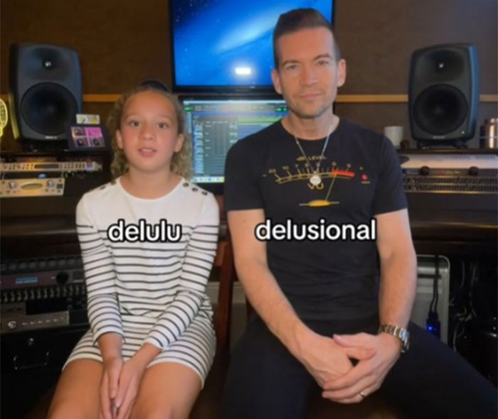 Dad learns Gen Alpha slang from daughter; text "delulu" and "delusional" displayed.