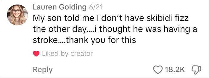 Comment on slang confusion, referencing "skibidi fizz" with high engagement numbers, reflecting Gen Alpha's lingo impact.