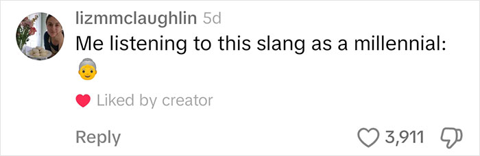 Comment reacting to new slang with an emoji, referencing generational differences.