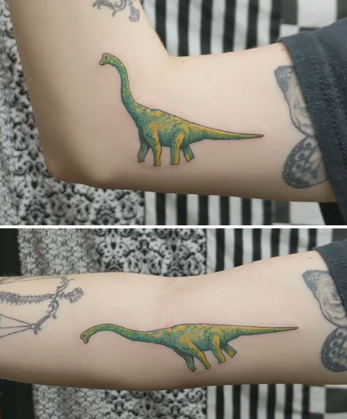 Close-up of a colorful dinosaur tattoo on a person's arm, showcasing a creative tattoo design.