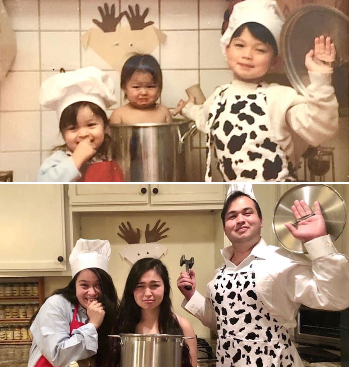 Vi este delantal mientras estaba de compras y decidí hacer una nueva versión de la foto favorita de mi madre para Navidad. Tomadas con 23 años de diferencia