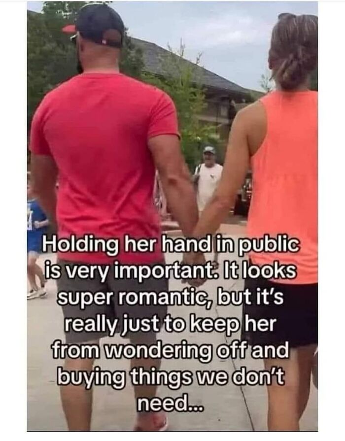 A couple holding hands in public with a humorous caption about romance and shopping from a popular Facebook group.