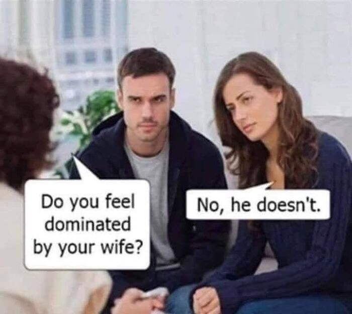 Funny Facebook post of a couple in therapy, with humorous speech bubbles about dominance in their relationship.