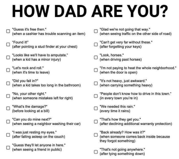 Checklist of "dad jokes" highlighting funny posts from a large Facebook group with over 900K members.