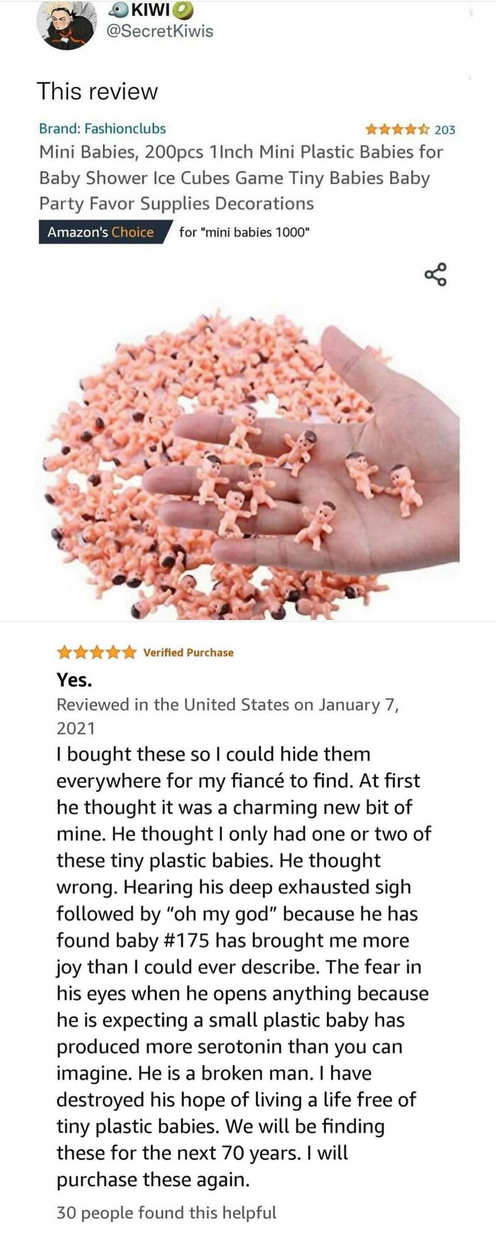 Funny meme showing a humorous Amazon review of mini plastic babies with a customer holding them in hand.
