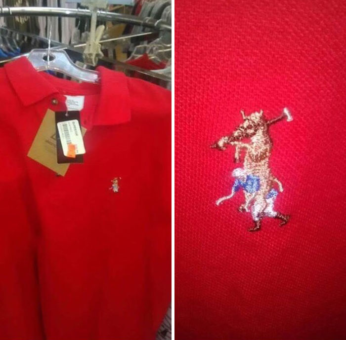 Red polo shirt on hanger with a poorly embroidered logo of a horse and rider, illustrating bad rip-offs of well-known brands.