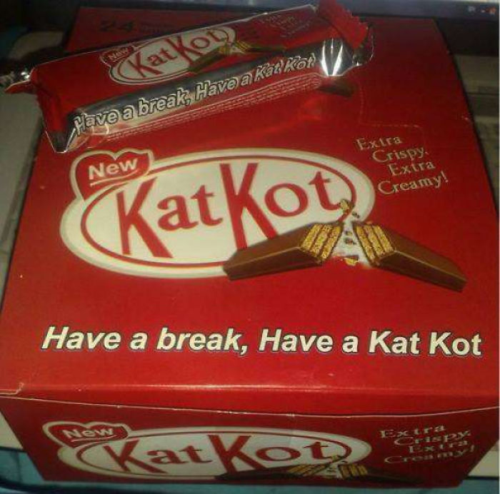 Kat Kot chocolate bars in red packaging, a hilariously bad rip-off of the well-known Kit Kat brand.