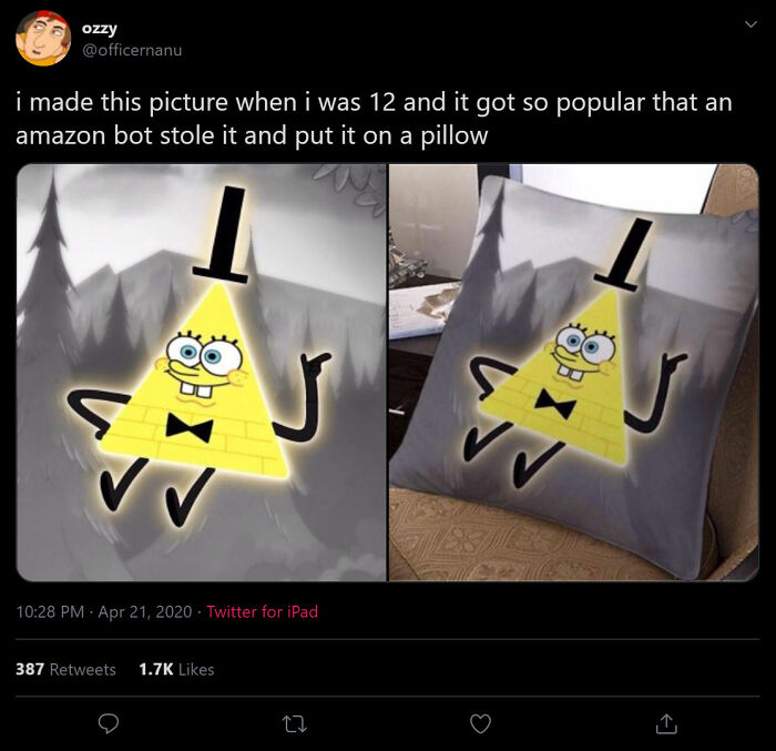 Cartoon character resembling a well-known brand printed on a pillow as a hilariously bad rip-off product.