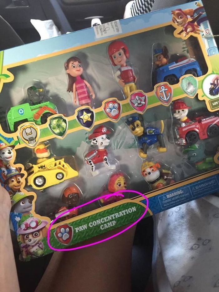 Toy set rip-off of popular brand with misspelled name Paw Concentration Camp in packaging.