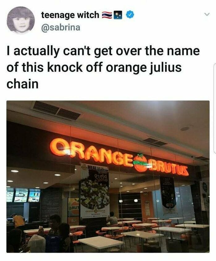 Screenshot of a social media post showing a hilariously bad rip-off of Orange Julius brand signage in a food court.