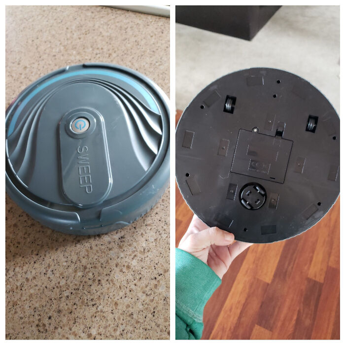 Round robotic vacuum labeled Sweep shown from top and bottom, a hilariously bad rip-off of well-known brands.