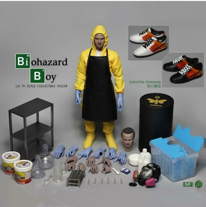 Figure of a man in yellow hazmat suit with multiple accessories, showcasing hilariously bad rip-offs of well-known brands.