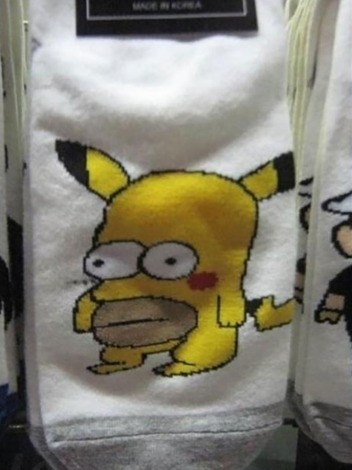 Socks featuring a hilariously bad rip-off cartoon character resembling well-known brand mascot.