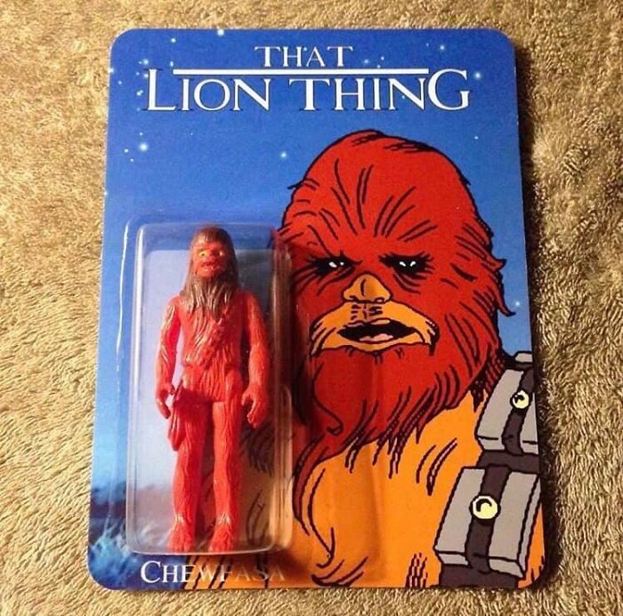 Toy packaging parody of a famous brand character Chewbacca, featuring a poorly made action figure and altered name.