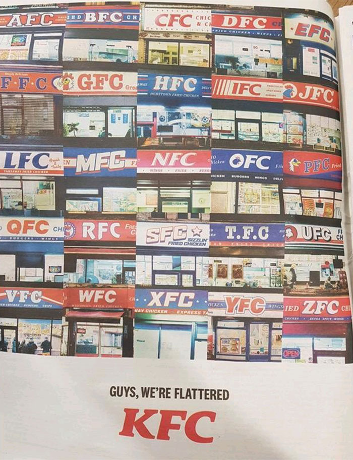 Multiple storefronts with hilariously bad rip-offs of well-known fried chicken brand logos and signs.