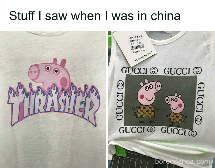 Two t-shirts featuring hilariously bad rip-offs of well-known brands with altered Peppa Pig designs and fake logos.