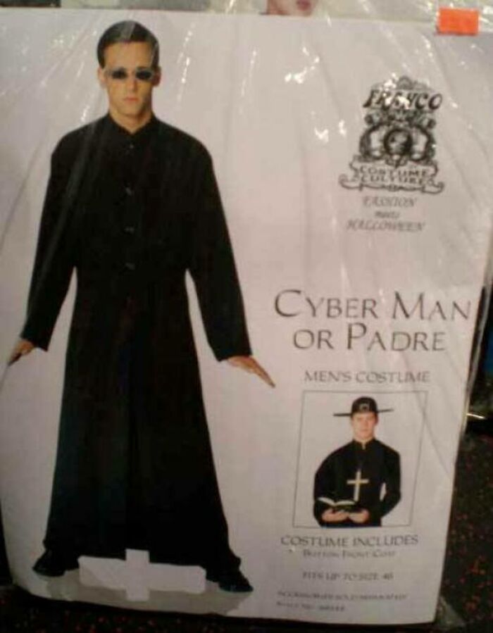 Man in a poorly made rip-off costume combining elements of Neo from The Matrix and a priest, showcasing bad brand rip-offs.