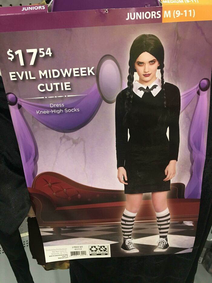 Evil Midweek Cutie costume with knee-high socks and black dress, a hilariously bad rip-off of a well-known brand.