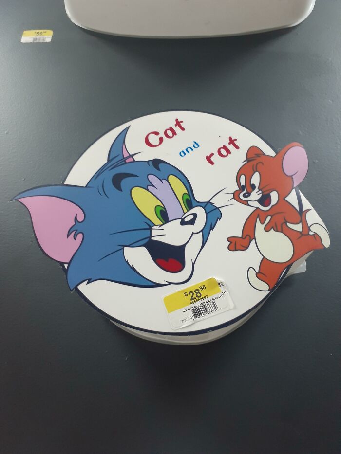 Cat and rat knockoff cartoon characters on a round container, showcasing hilariously bad rip-offs of well-known brands.