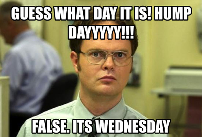 Dwight Schrute from "The Office" humorously disputes "Hump Day" with "It's Wednesday" text.