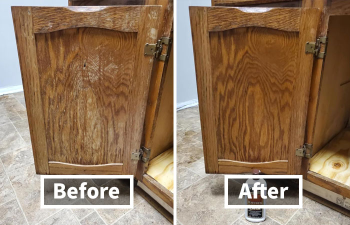 Before and after images showing a kitchen cabinet door restored using kitchen items that tackle common problems.