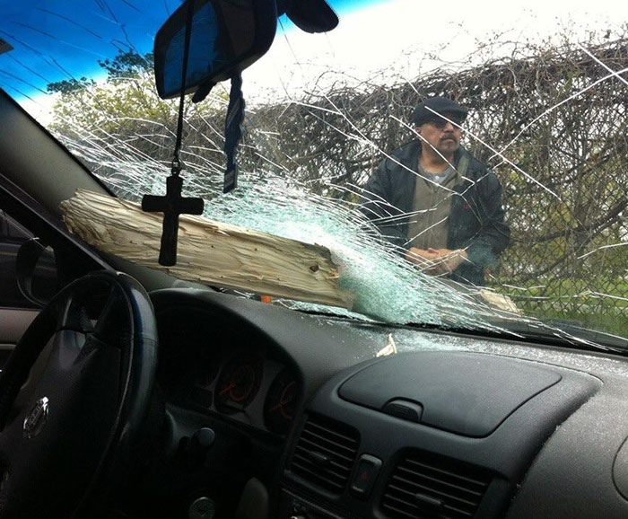 Wood Fell Off The Back Of A Truck On The Highway. It Went Through The Windshield And Chipped My Dad’s Tooth