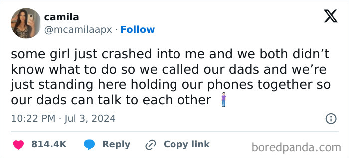 Relatable meme text about calling dads after a minor accident.