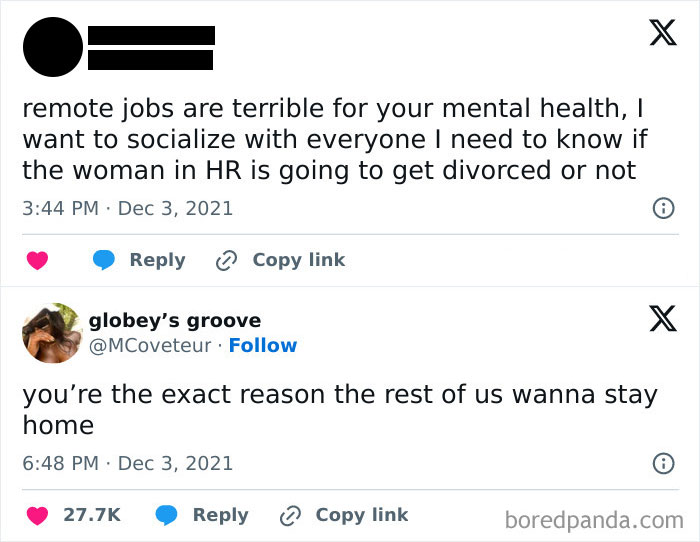 Two funny WFH memes about mental health and remote work, highlighting socializing challenges in home office setups.