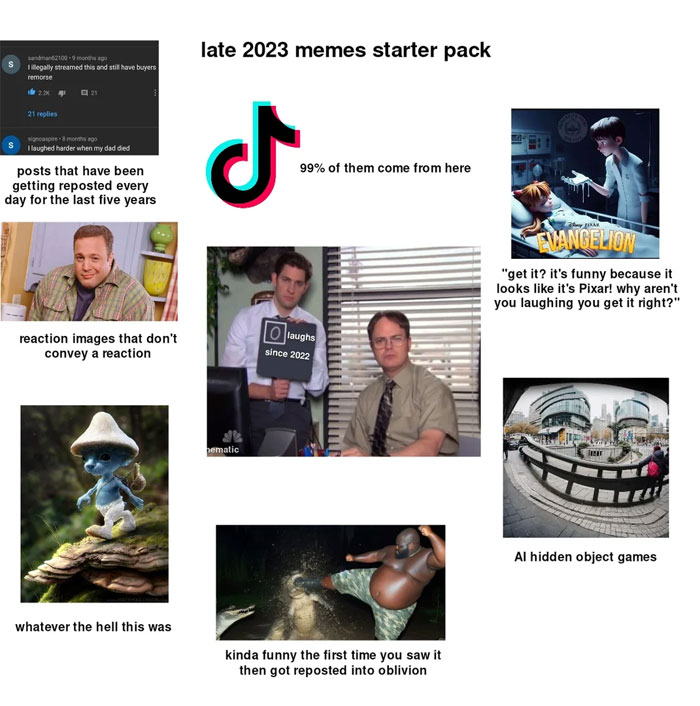 A collage of popular funny memes from 2023, featuring various humorous images and captions.