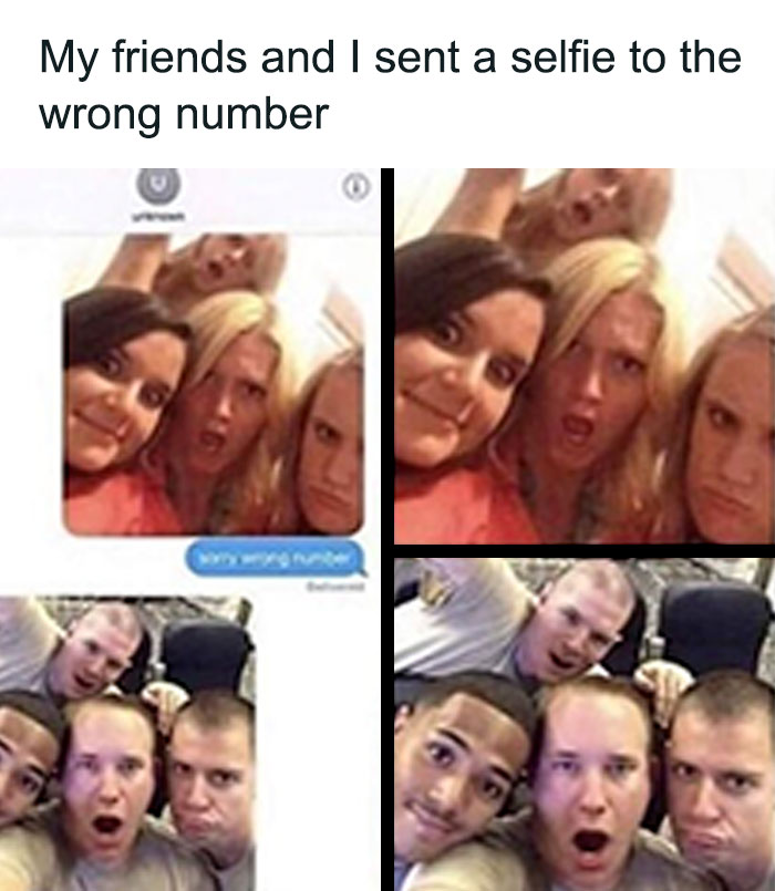 Selfie meme showing two groups reacting humorously after sending a photo to the wrong number, relatable for many.