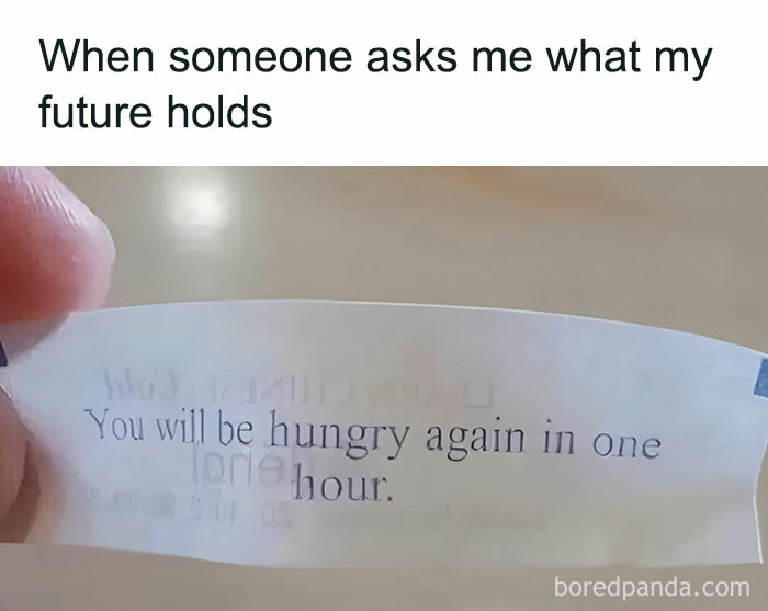 A relatable meme with a fortune cookie saying, "You will be hungry again in one hour."