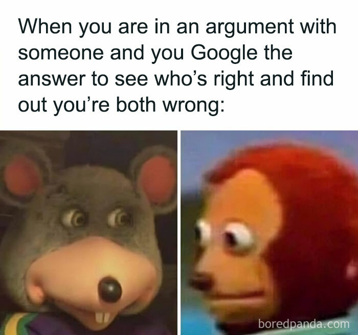 Two characters with surprised expressions depict a relatable meme about realizing both parties are wrong in an argument.