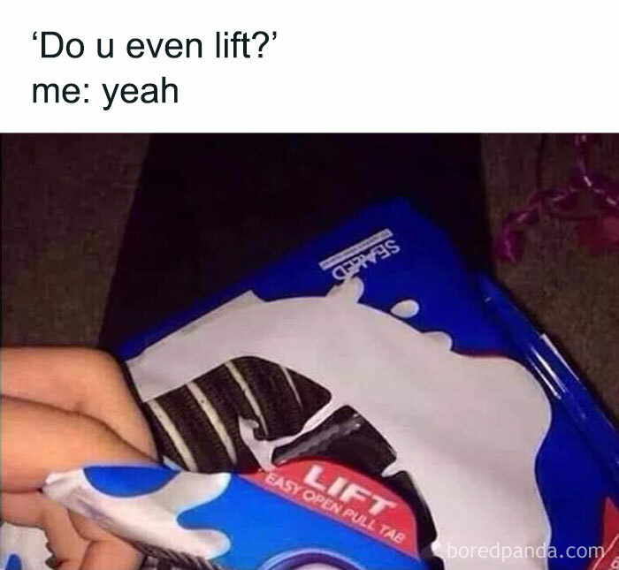 Person pulling open a pack of cookies labeled "LIFT," with text reading "Do u even lift? me: yeah," highlighting a relatable meme.