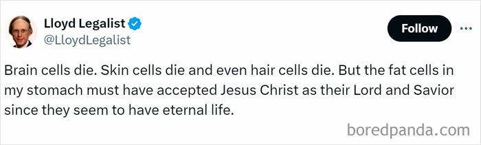 Tweet about relatable struggle with body fat, humorously suggesting fat cells have eternal life.