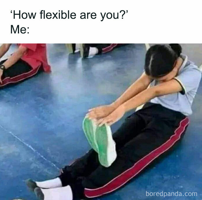 Person humorously struggling to stretch, illustrating a relatable moment.