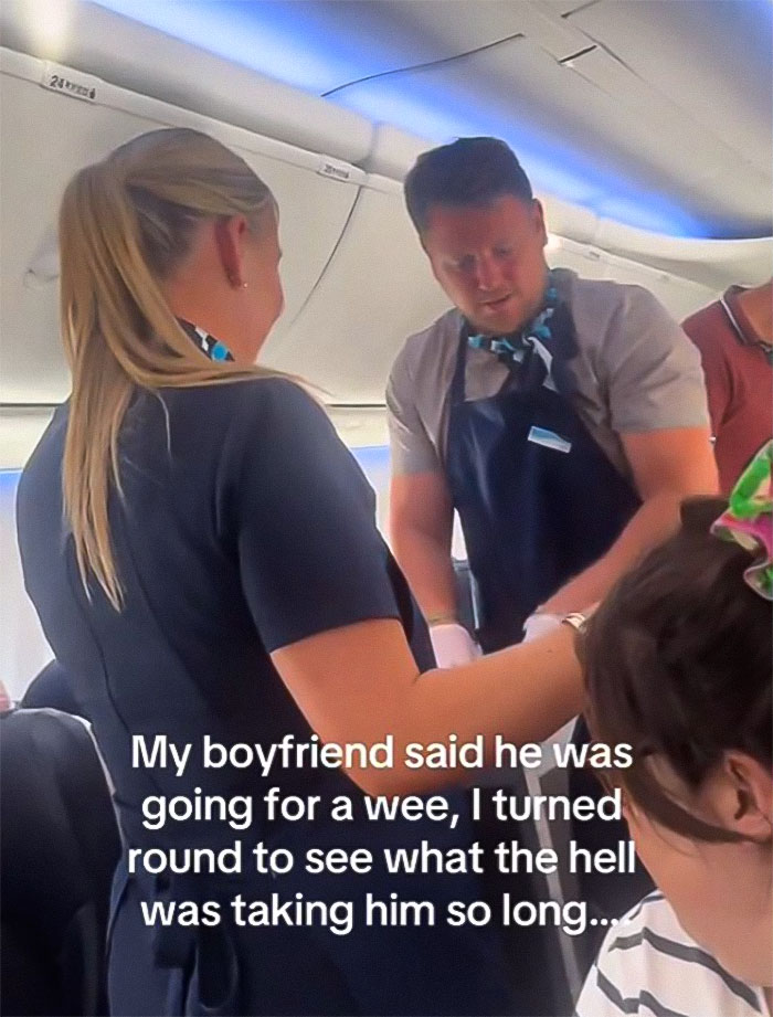 Woman Baffled To See Flight Attendant Is Her Boyfriend After He Got Up To Use The Restroom