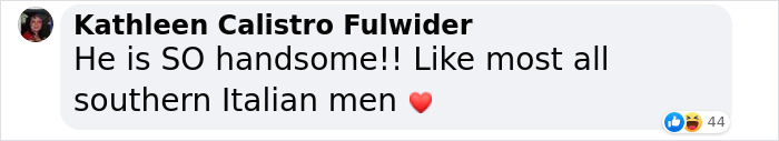 Comment praising a male gold medalist, describing him as handsome like southern Italian men, with heart emoji and 44 likes.