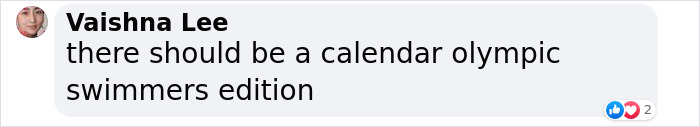 Comment about Olympic swimmers featuring in a calendar edition, with likes and heart reactions.