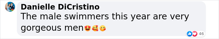 Comment on male swimmers, describing them as attractive, with emojis expressing admiration.