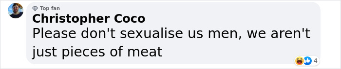 Comment addressing male objectification related to Thomas Ceccon wardrobe incident.