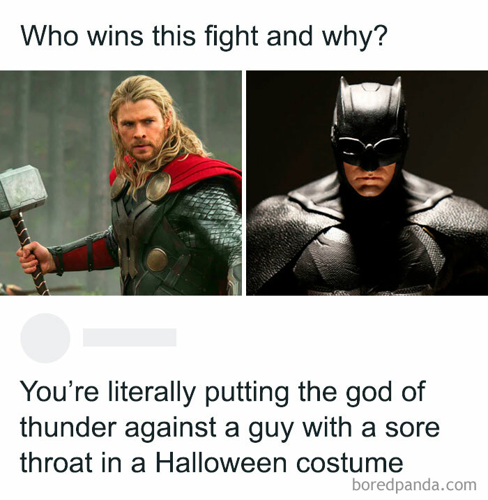 Thor vs Batman meme, humorously questioning the outcome of their battle, with a lighthearted caption.