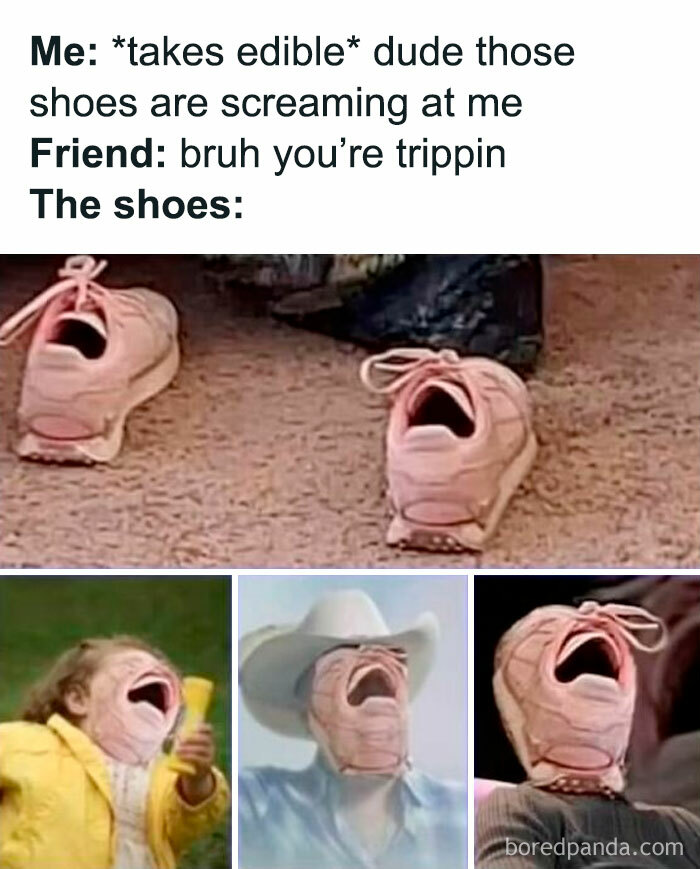 Sneakers with mouths open in a funny meme collage, showing random and humorous expressions.
