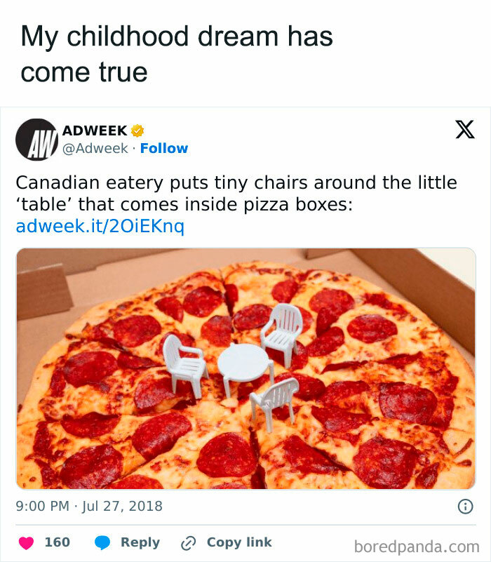 Pepperoni pizza with tiny chairs around the table piece, creating a funny meme moment.
