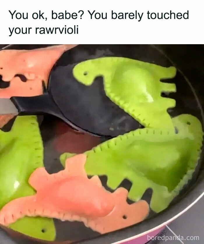 Dinosaur-shaped ravioli in a pan with a humorous caption about "rawrvioli" and how funny memes can be.