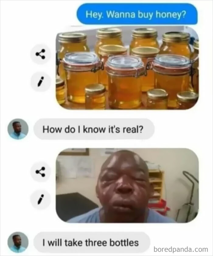 Jars of honey with funny meme text exchange about authenticity, ending with a humorous reaction.